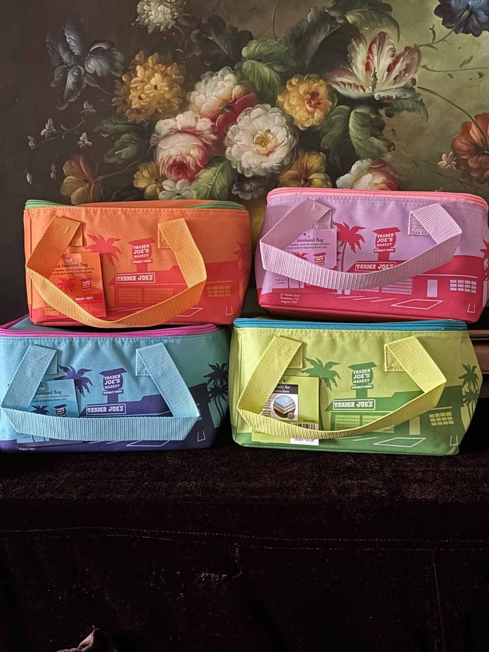 NWT 4 Trader Joe’s Mini Insulated Lunch Cooler Tote Bag Set 1.5 Gallon purple